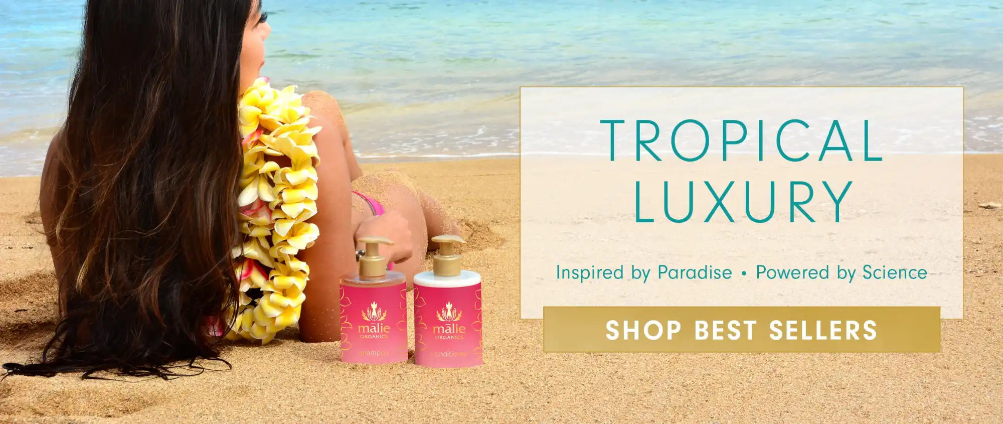 Marketing banner for tropical luxury products featuring pink candles and a yellow lei.