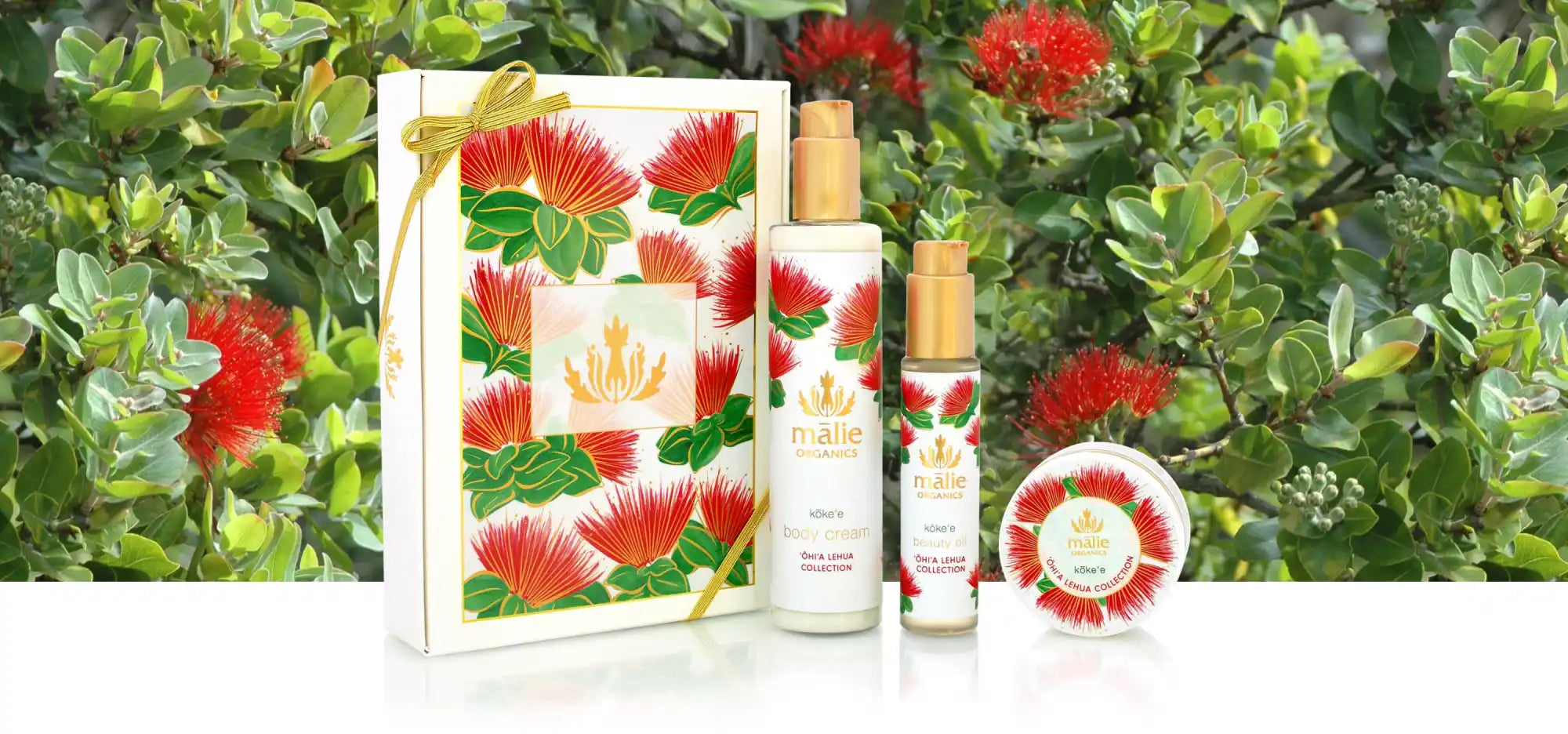 Beauty products featuring red pohutukawa flower designs on their packaging.