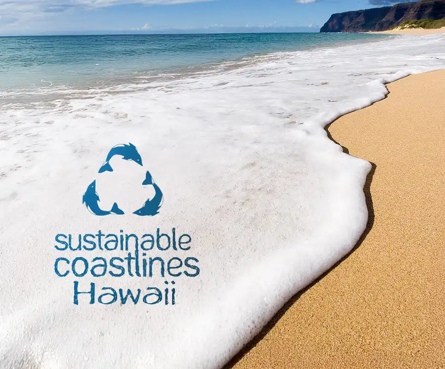 Blue recycling-style logo with text reading ’sustainable coastlines Hawaii’ on a beach shoreline.