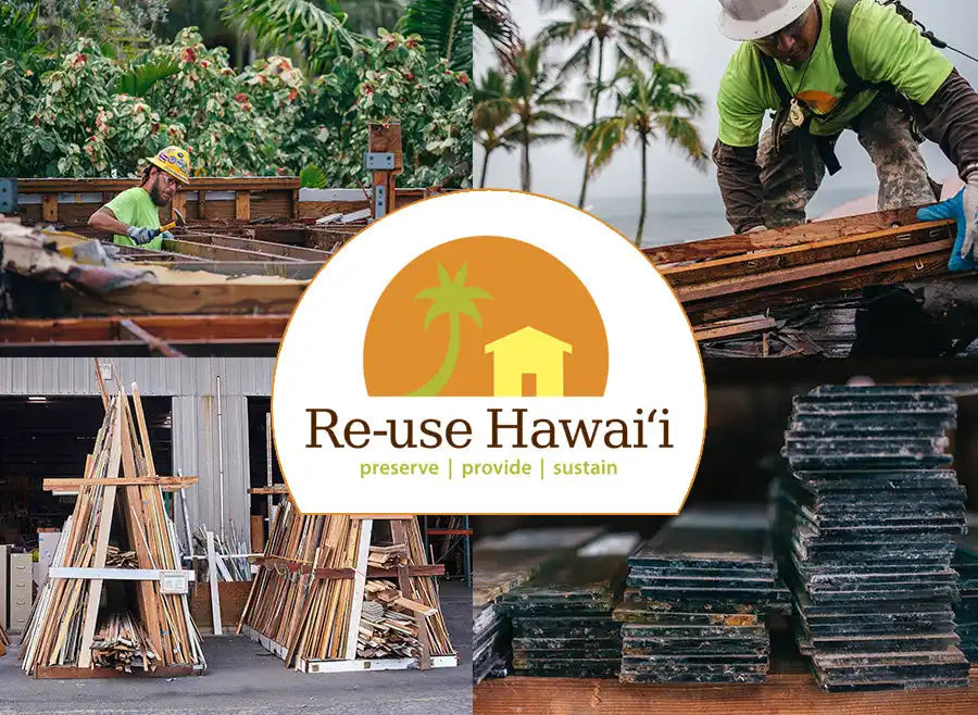 A circular logo featuring a palm tree and house silhouette against an orange sun with ’Re-use Hawai’i’ text.