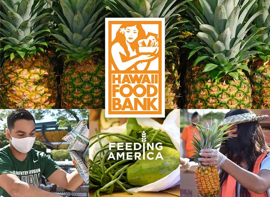 Logo for Hawaii Food Bank featuring an orange rectangular design with text and a figure holding produce.