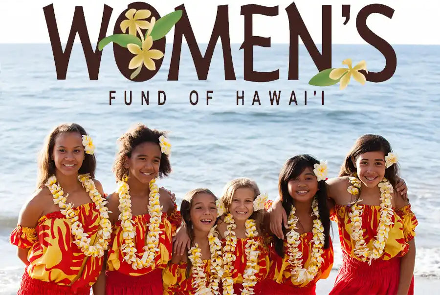 Logo for the Women’s Fund of Hawai’i featuring plumeria flowers in the text and a group photo with traditional lei garlands.