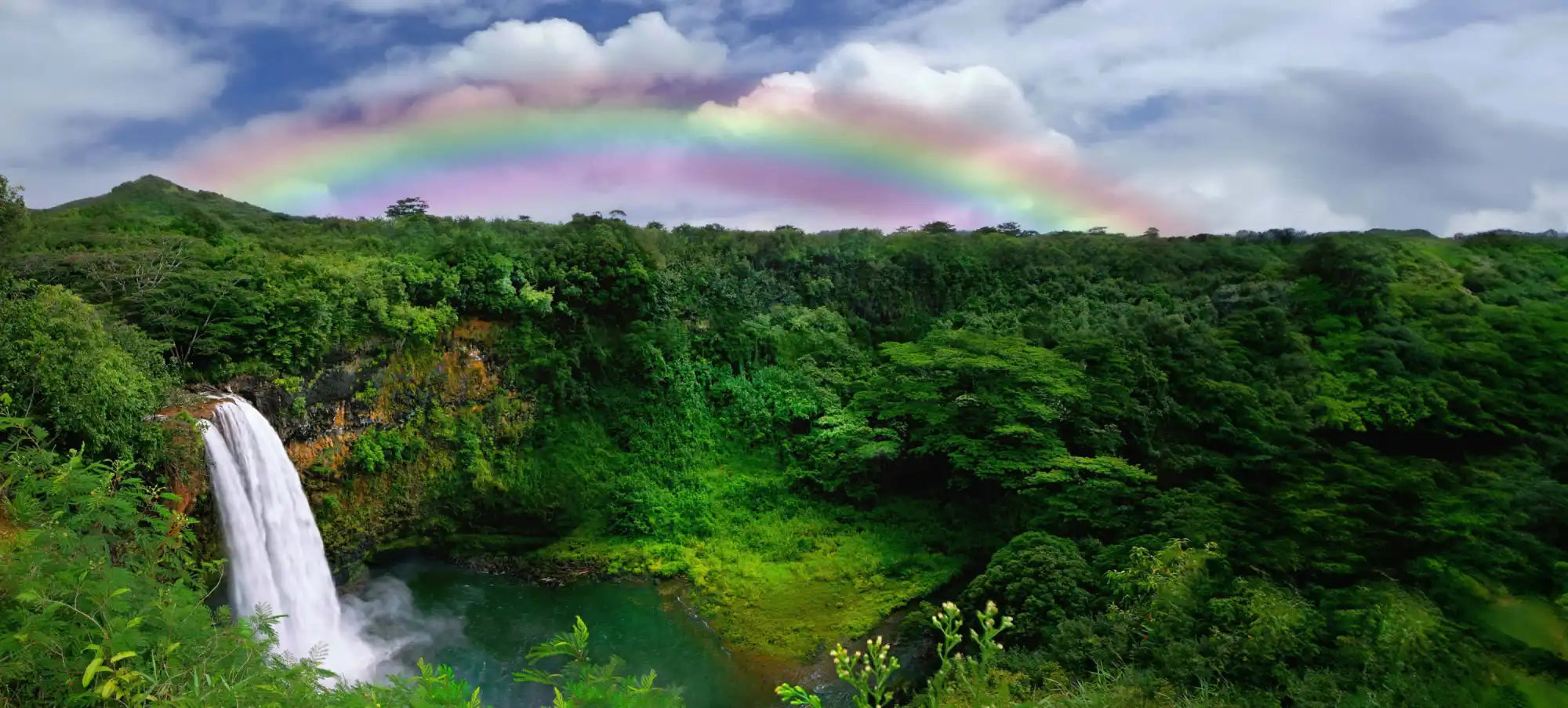 Majestic waterfall cascading down lush green cliffs with a rainbow arching overhead.