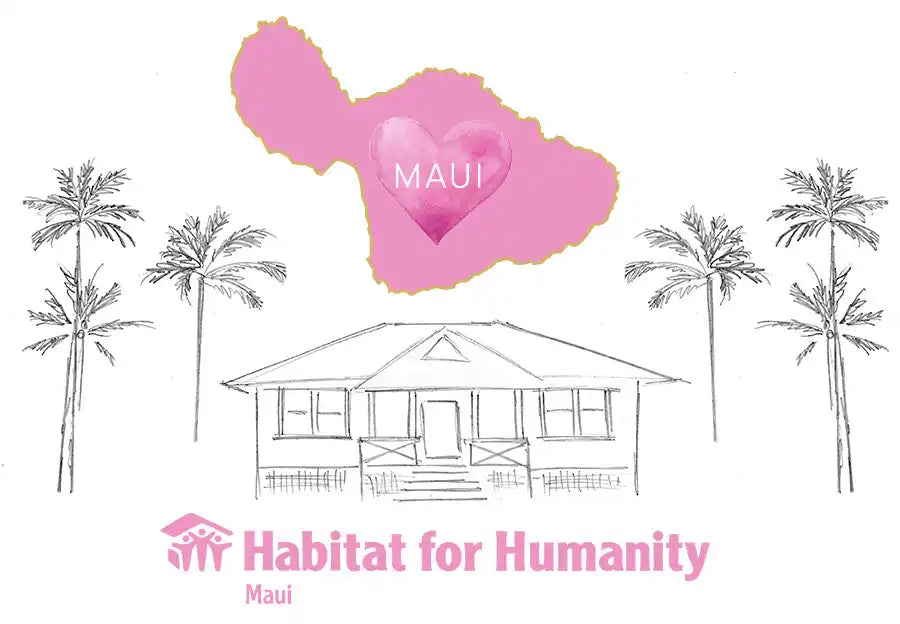 Simple line drawing of a plantation-style house with a heart-shaped island of Maui above it and palm trees on either side, representing Habitat for Humanity Maui.